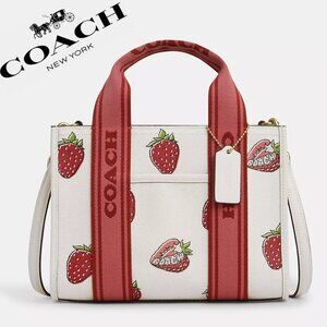 Coach White Strawberry Print Tote with Red Straps, NWT
